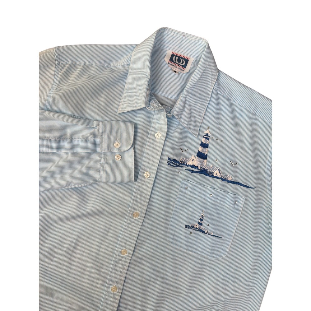 Nautical Beachy Vtg Blue Striped Shirt Coastal classic Embroidered Button Size M